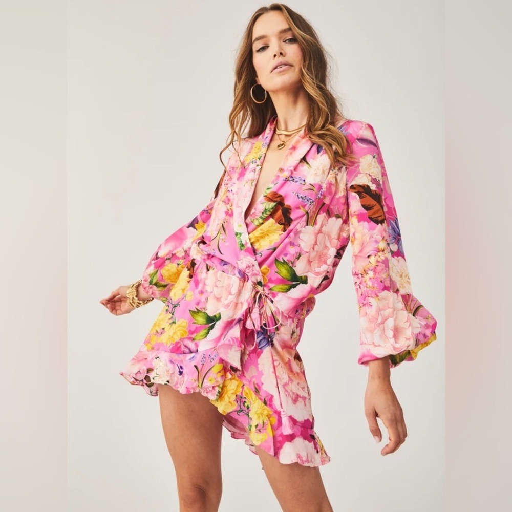 Rococo Sand Leona Pink Floral Above Knee Ruffle Sleeves Wrap Dress Large